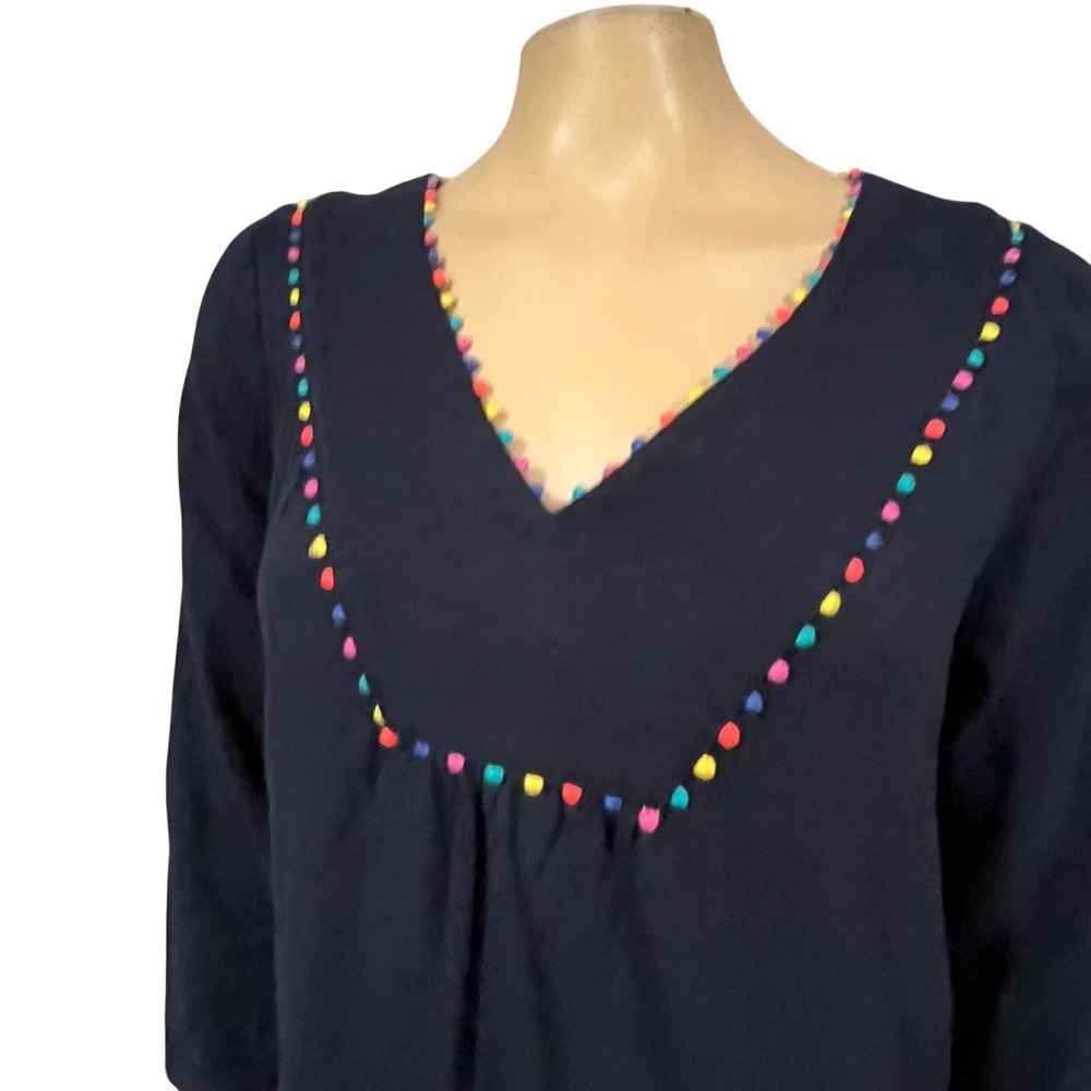 Boden Navy Blue Pom Pom Trim V-Neck Slub Cotton Shift Dress Preppy Chic 8L